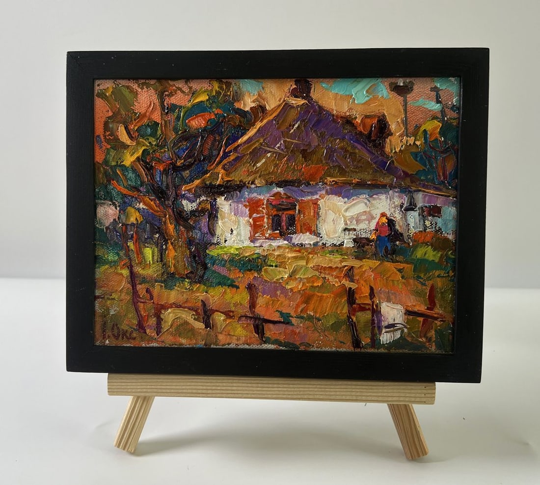 Oil painting Evening in the yard Oksana Ivanyuk: Title: Oil painting Evening in the yard Oksana Ivanyuk Description: No.AAA5605The Oil painting Canvas titled "Evening in the yard" captures the intimate and warm atmosphere of a rustic homestead at du