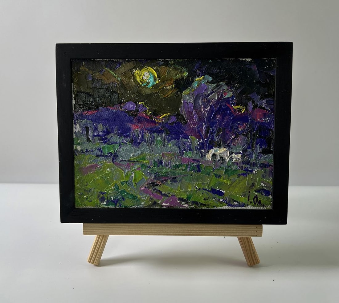 Oil painting Bright blue night Oleksiy Ivanyuk: Title: Oil painting Bright blue night Oleksiy Ivanyuk Description: No.AAA5648The Oil painting Canvas titled "Bright blue night" immerses the viewer into an otherworldly nocturnal landscape, where dark