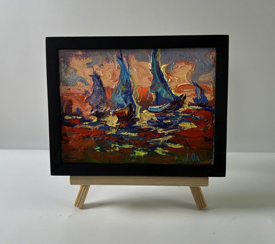 Oil painting Sailboats and orange sunset Oleksiy Ivanyuk: Title: Oil painting Sailboats and orange sunset Oleksiy Ivanyuk Description: No.AAA5665The Oil painting Canvas titled "Sailboats and orange sunset" captures the breathtaking drama of the sea when