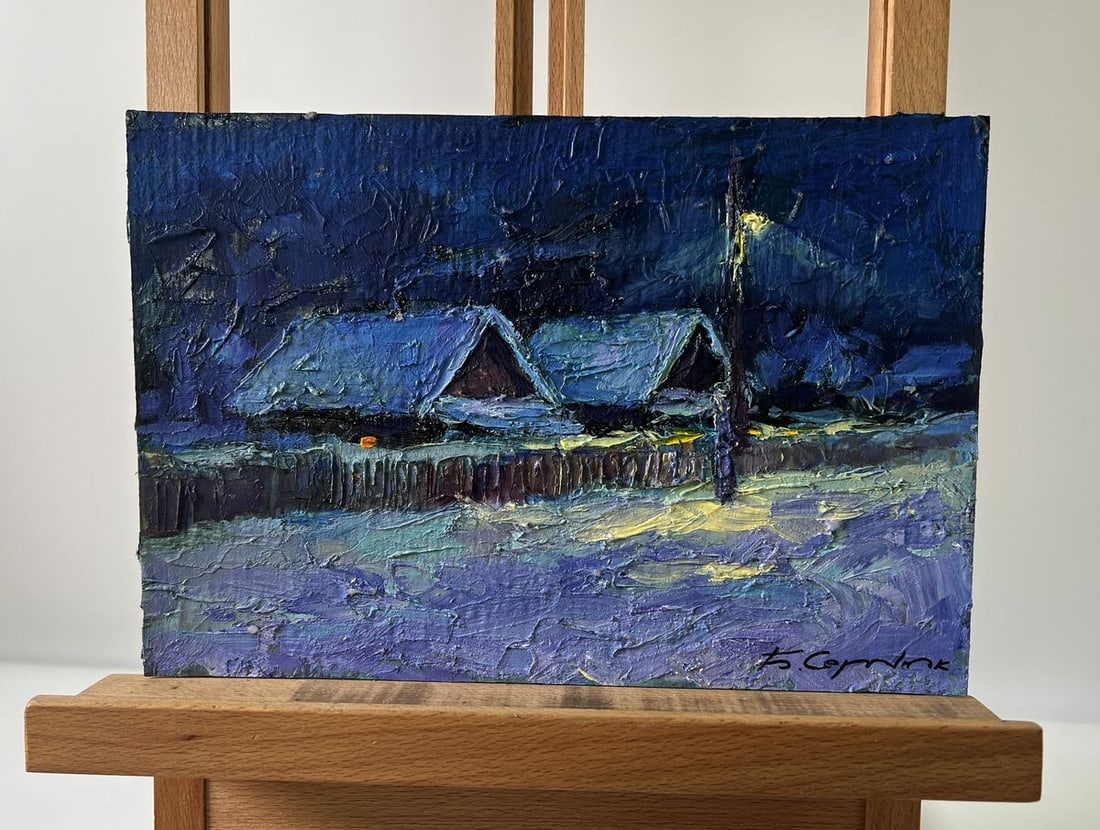 Oil painting Winter night in the village Boris Serdyuk: Title: Oil painting Winter night in the village Boris Serdyuk Description: No.AAA5731The Oil painting Cardboard titled "Winter night in the village" conveys a serene yet evocative atmosphere of a quie