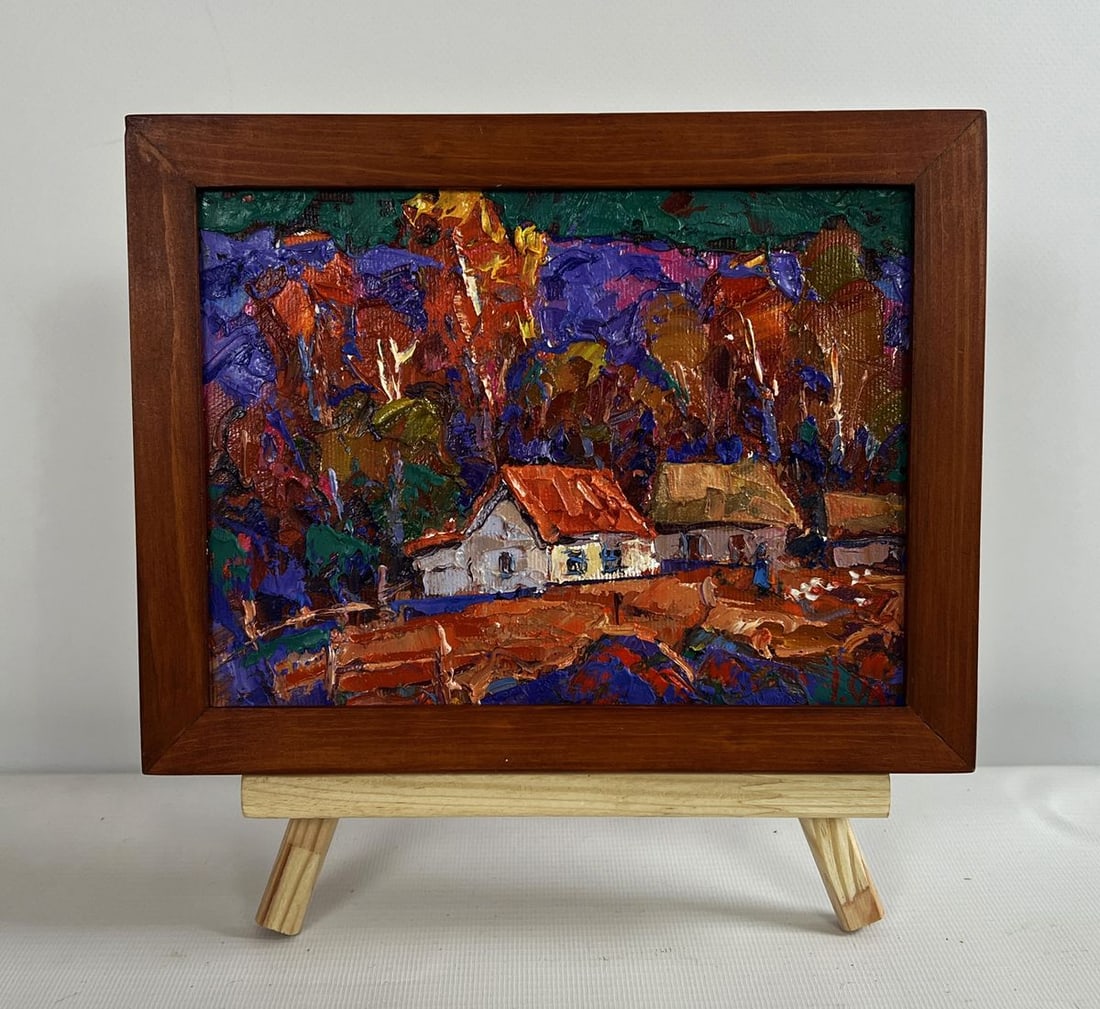 Oil painting Autumn night in the village Alex Kalenyuk: Title: Oil painting Autumn night in the village Alex Kalenyuk Description: No.AAA4677The oil painting on canvas titled "Autumn Night in the Village" is a mesmerizing depiction of a rural landscape bat