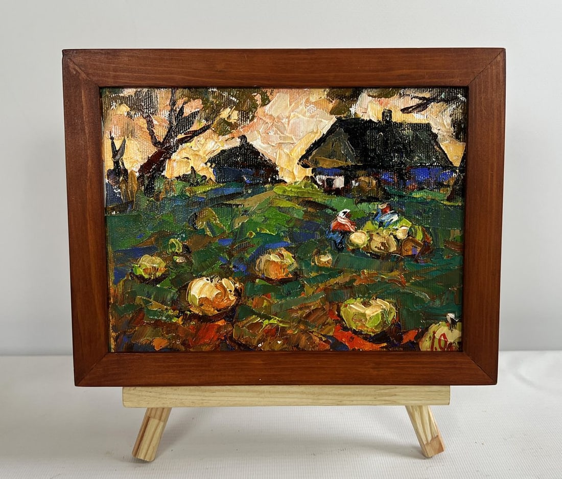 Oil painting Autumn vegetable gardens Alex Kalenyuk: Title: Oil painting Autumn vegetable gardens Alex Kalenyuk Description: No.AAA4687The oil painting on canvas titled "Autumn Vegetable Gardens" is a rich and atmospheric depiction of rural life during