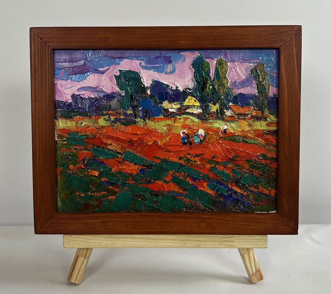 Oil painting Buckwheat stubble Oksana Kalenyuk: Title: Oil painting Buckwheat stubble Oksana Kalenyuk Description: No.AAA4688The oil painting on canvas titled "Buckwheat Stubble" is a vivid and dynamic representation of a rural landscape in the aft