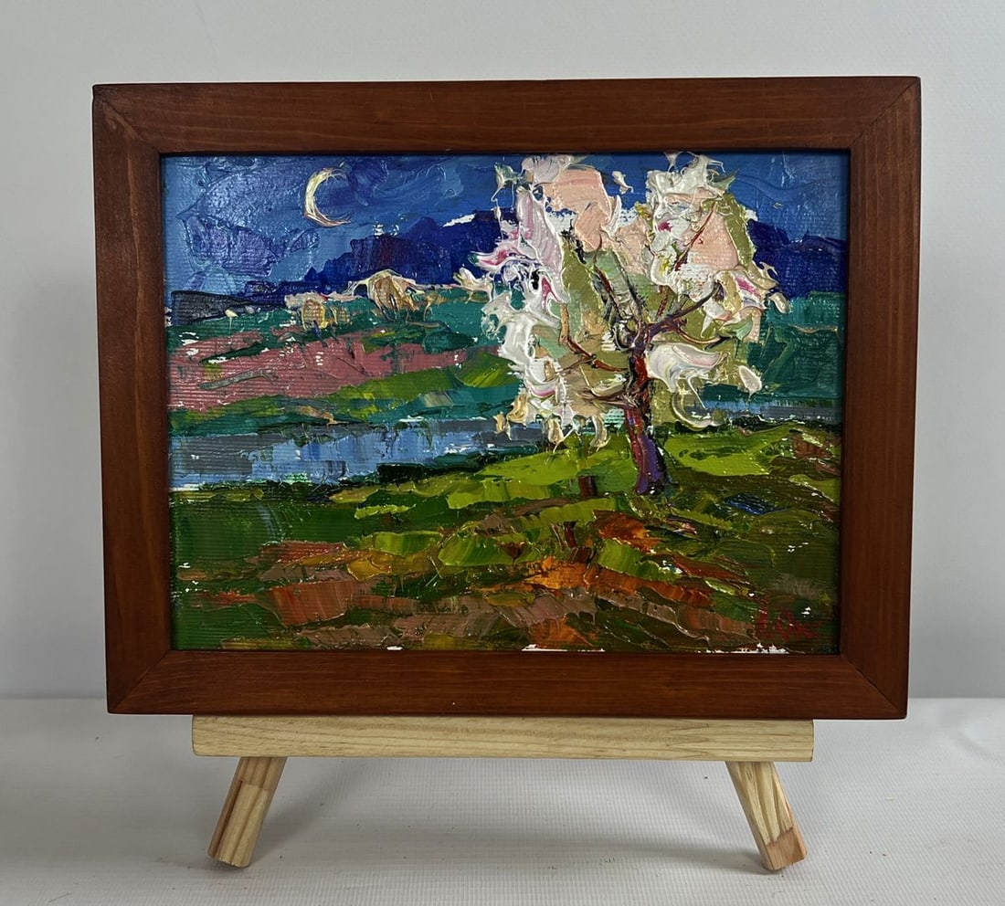 Oil painting Wild pear near the river Oksana Kalenyuk: Title: Oil painting Wild pear near the river Oksana Kalenyuk Description: No.AAA4689The oil painting on canvas titled "Wild Pear Near the River" is a stunning and evocative portrayal of nature’s