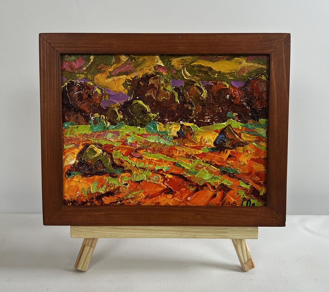 Oil painting Golden haystacks Alex Kalenyuk: Title: Oil painting Golden haystacks Alex Kalenyuk Description: No.AAA4706The oil painting on cardboard titled "Golden Haystacks" captures the warmth and vibrancy of an autumn field, where the golden