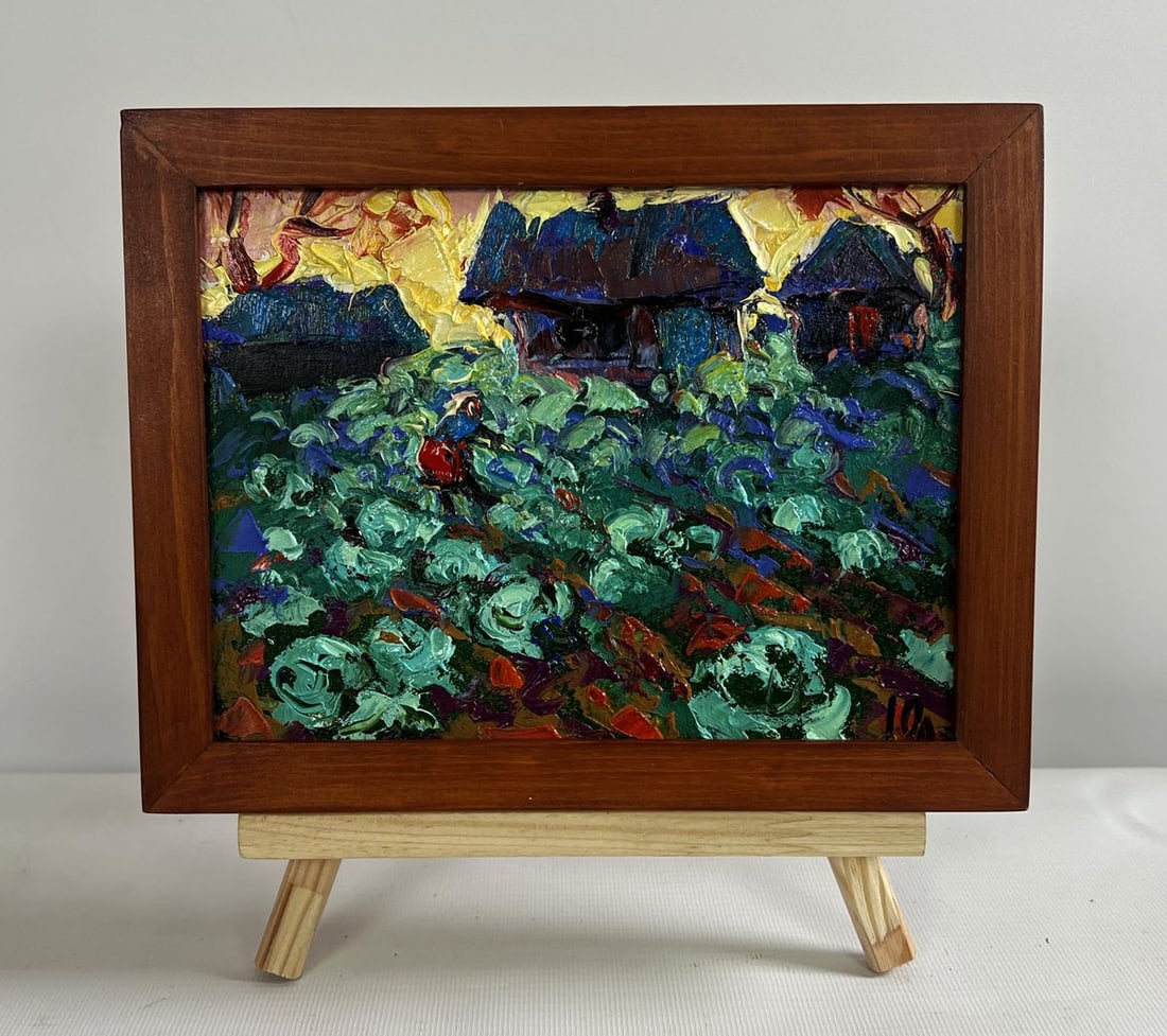 Oil painting In the evening in the garden Alex Kalenyuk: Title: Oil painting In the evening in the garden Alex Kalenyuk Description: No.AAA4725The oil painting on cardboard titled "In the Evening in the Garden" captures a serene rural landscape bathed in th