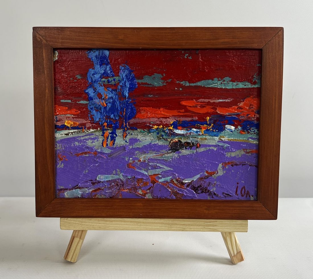 Oil painting Crimson winter evening Alex Kalenyuk: Title: Oil painting Crimson winter evening Alex Kalenyuk Description: No.AAA4730The oil painting on cardboard titled "Crimson Winter Evening" is an evocative expression of a cold yet fiery winter land