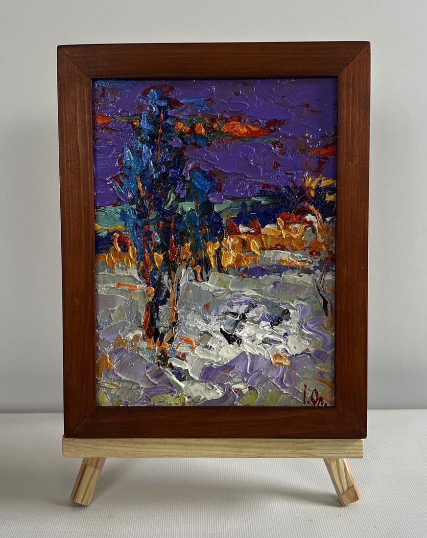 Oil painting Quiet winter evening Alex Kalenyuk: Title: Oil painting Quiet winter evening Alex Kalenyuk Description: No.AAA4742The oil painting on cardboard titled "Quiet Winter Evening" is a mesmerizing depiction of a tranquil winter landscape bath