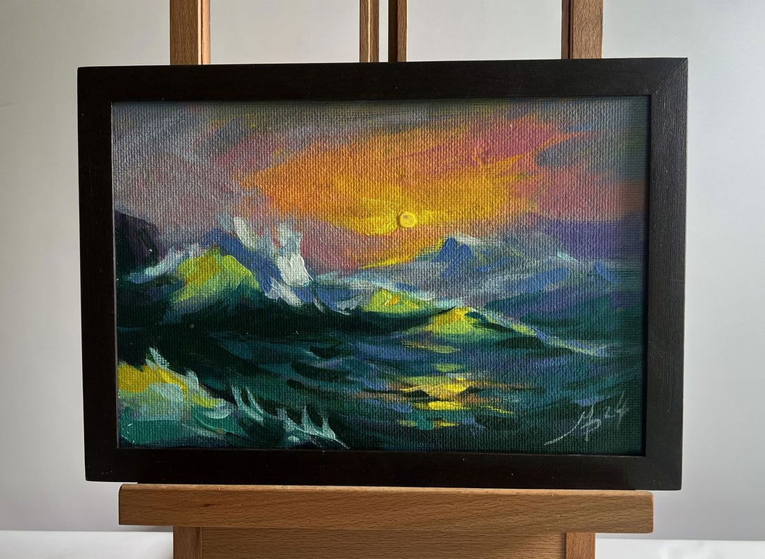 Acrylic painting Raging waves at sunset Mykhailo Patskan: Title: Acrylic painting Raging waves at sunset Mykhailo Patskan Description: No.AAA4793The acrylic painting on cardboard titled "Raging Waves at Sunset" captures the raw, untamed power of the sea in