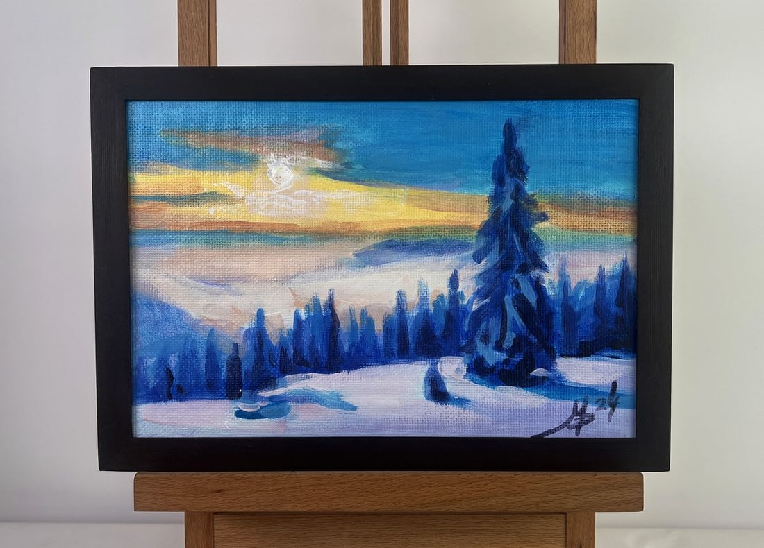 Acrylic painting Sunset over the winter forest Mykhailo Patskan (1 of 10)