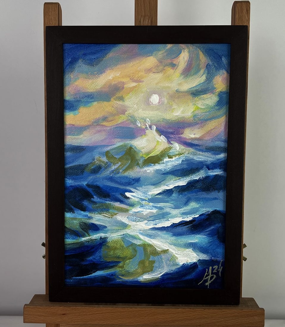 Acrylic painting Sunset behind the clouds Mykhailo Patskan: Title: Acrylic painting Sunset behind the clouds Mykhailo Patskan Description: No.AAA4851The acrylic painting on cardboard titled "Sunset behind the Clouds" is a mesmerizing depiction of the interplay
