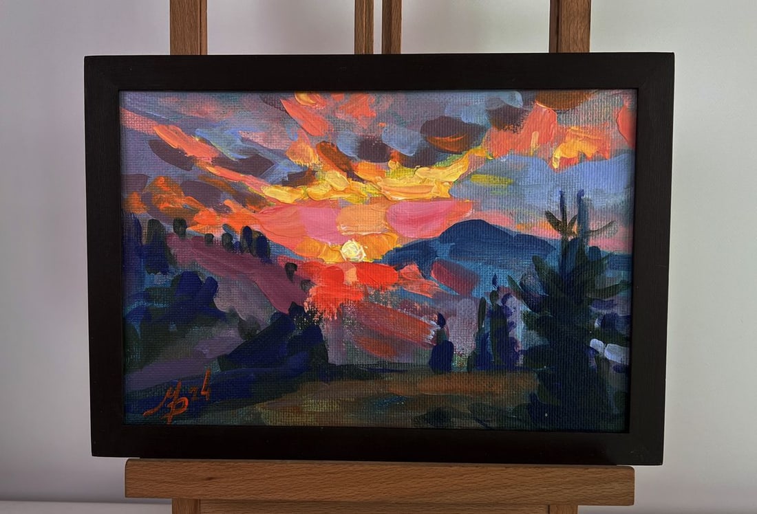 Acrylic painting Sunset haze over the mountains Mykhailo Patskan: Title: Acrylic painting Sunset haze over the mountains Mykhailo Patskan Description: No.AAA4865The acrylic painting on cardboard titled "Sunset Haze Over the Mountains" is an expressive and vivid port