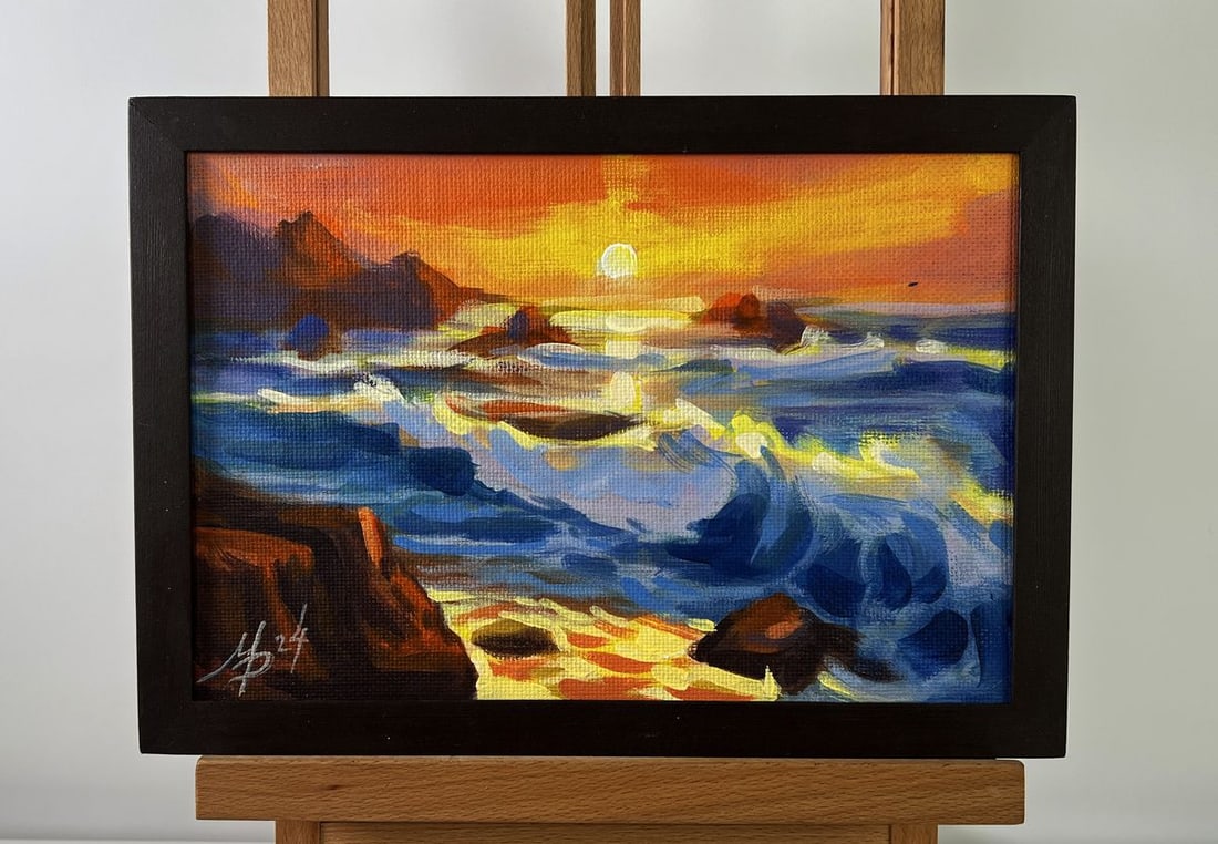 Acrylic painting Romantic sunset with sea waves Mykhailo Patskan: Title: Acrylic painting Romantic sunset with sea waves Mykhailo Patskan Description: No.AAA4876The acrylic painting on cardboard titled "Romantic Sunset with Sea Waves" presents a breathtaking and emo
