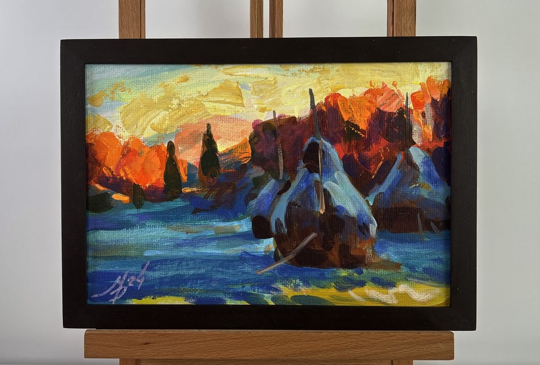 Acrylic painting Haystacks near the autumn forest Mykhailo Patskan: Title: Acrylic painting Haystacks near the autumn forest Mykhailo Patskan Description: No.AAA4891The acrylic painting on cardboard titled "Haystacks near the Autumn Forest" radiates warmth, nostalgia,