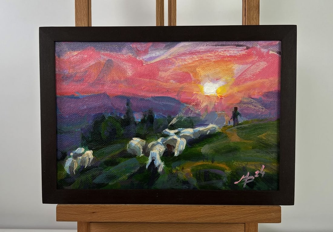 Acrylic painting Summer morning Mykhailo Patskan: Title: Acrylic painting Summer morning Mykhailo Patskan Description: No.AAA4894The acrylic painting on cardboard titled "Summer Morning" captures a scene filled with warmth, calm, and the quiet magic