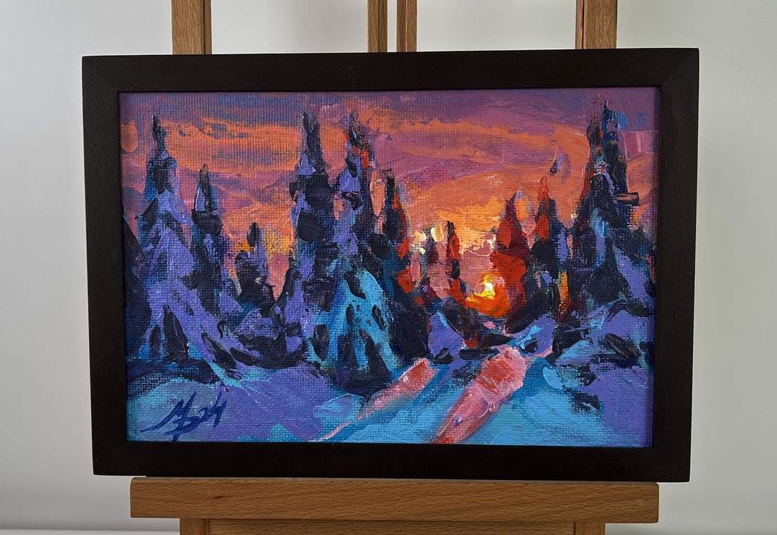 Acrylic painting Red sunset in the winter forest Mykhailo Patskan: Title: Acrylic painting Red sunset in the winter forest Mykhailo Patskan Description: No.AAA4900The acrylic painting on cardboard titled "Red Sunset in the Winter Forest" captures a breathtaking momen