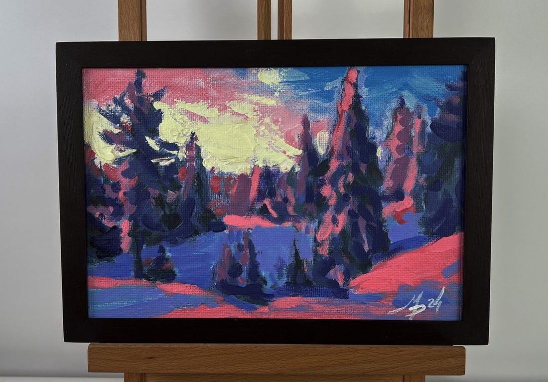 Acrylic painting Pink winter sunset Mykhailo Patskan (1 of 10)