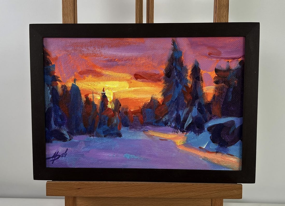 Acrylic painting Orange twilight in the forest Mykhailo Patskan: Title: Acrylic painting Orange twilight in the forest Mykhailo Patskan Description: No.AAA4909The acrylic painting on cardboard titled "Orange Twilight in the Forest" captures a fleeting yet emotional