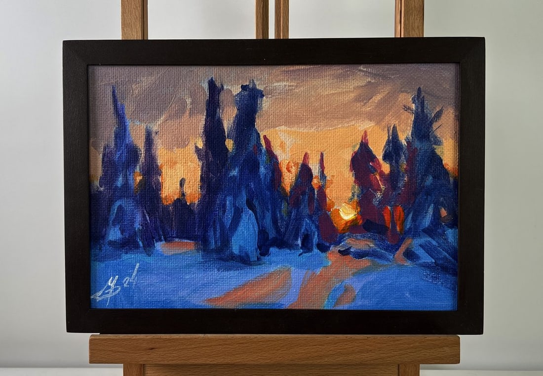 Acrylic painting Sunset behind the forest Mykhailo Patskan: Title: Acrylic painting Sunset behind the forest Mykhailo Patskan Description: No.AAA4932The acrylic painting on cardboard titled "Sunset behind the forest" captures a fleeting yet powerful moment of