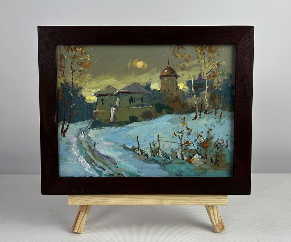 Oil painting Sunset behind the village Yuriy Suprunchuk: Title: Oil painting Sunset behind the village Yuriy Suprunchuk Description: No.AAA4966The oil painting on cardboard titled "Sunset Behind the Village" captures a fleeting yet profoundly atmospheric mo