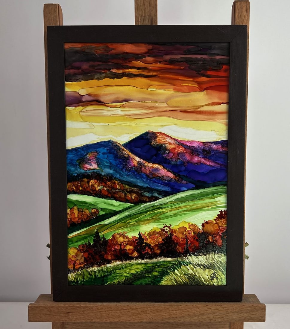 Ink painting Autumn Mountain Colors Olga Ponomaryova: Title: Ink painting Autumn Mountain Colors Olga Ponomaryova Description: No.AAA5003The ink painting on hardboard titled "Autumn Mountain Colors" is an arresting celebration of nature’s transformatio