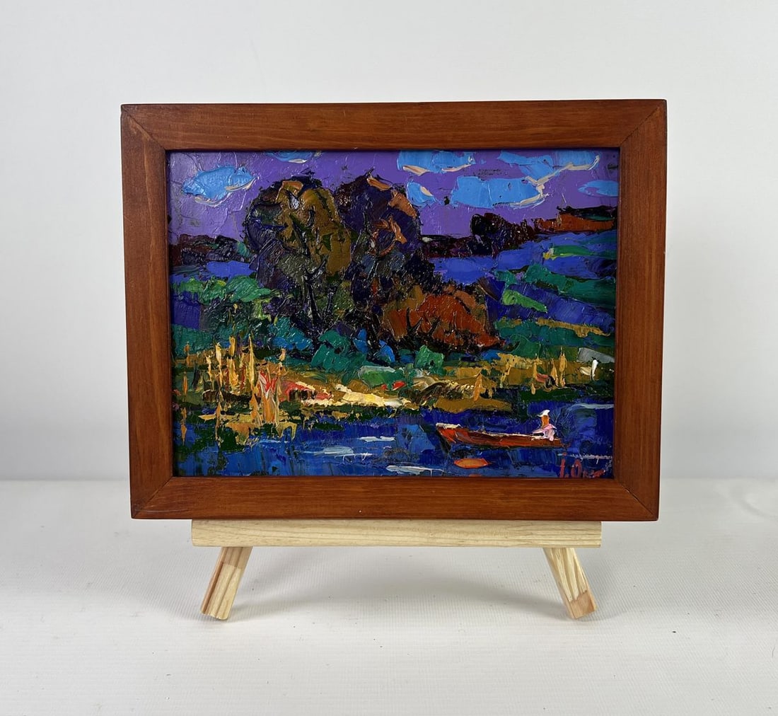 Oil painting In the evening by the river Alex Kalenyuk: Title: Oil painting In the evening by the river Alex Kalenyuk Description: No.AAA5136The oil painting on Cardboard titled "In the evening by the river" immerses the viewer in a dreamlike twilight