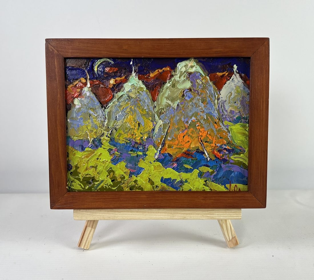 Oil painting Mysterious night under the moon Alex Kalenyuk: Title: Oil painting Mysterious night under the moon Alex Kalenyuk Description: No.AAA5138The oil painting on Cardboard titled "Mysterious night under the moon" invites the viewer into a surreal dreams