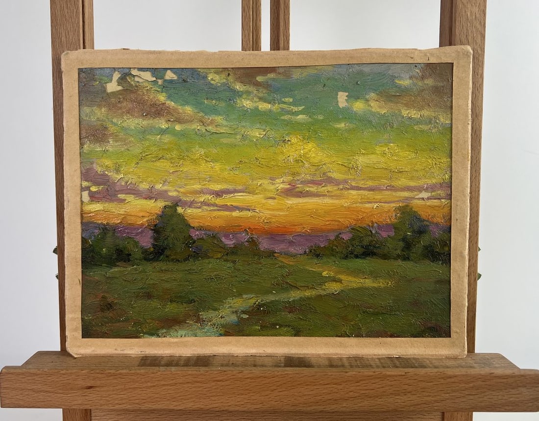 Oil painting Shadows from the sun on the horizon Unknown artist: Title: Oil painting Shadows from the sun on the horizon Unknown artist Description: No.AAA5172The oil painting on Cardboard titled "Shadows from the Sun on the Horizon" presents a luminous moment