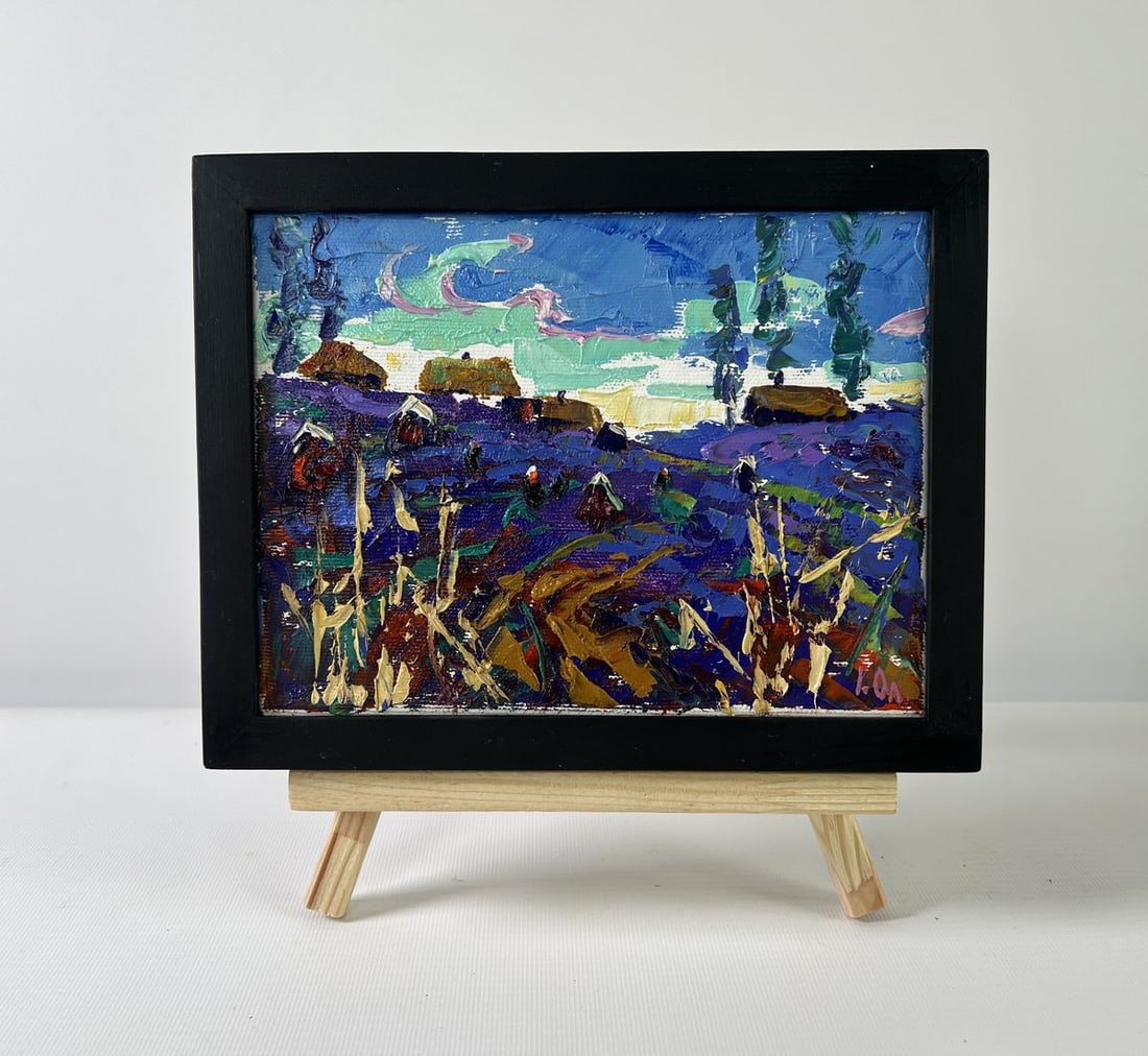 Oil painting Evening in the village Alex Kalenyuk: Title: Oil painting Evening in the village Alex Kalenyuk Description: No.AAA5218The oil painting on Canvas titled "Evening in the Village" captures a deeply atmospheric and emotionally resonant scene