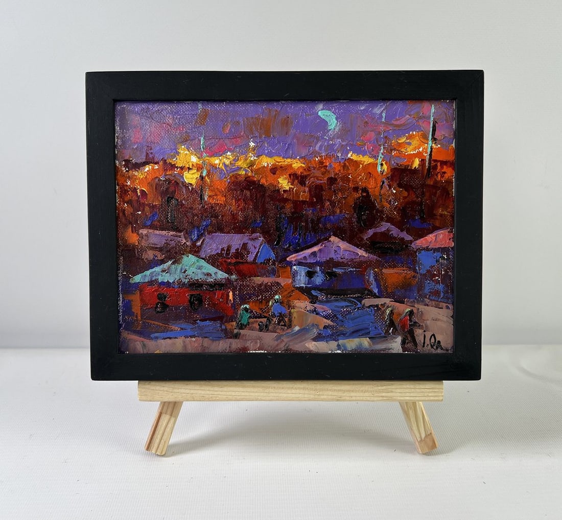 Oil painting Under the moon Alex Kalenyuk: Title: Oil painting Under the moon Alex Kalenyuk Description: No.AAA5272The oil painting on Canvas titled "Under the moon" captures the ethereal beauty of twilight descending upon a quiet village,