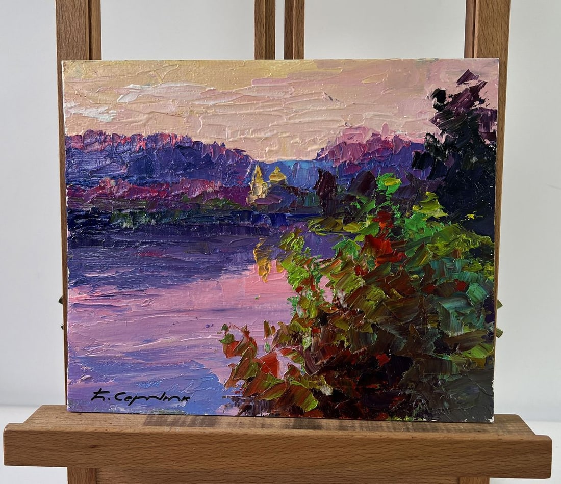 Oil painting The temple by the river Boris Serdyuk: Title: Oil painting The temple by the river Boris Serdyuk Description: No.AAA5328The oil painting on Cardboard titled "The Temple by the River" captures a luminous and almost dreamlike landscape,