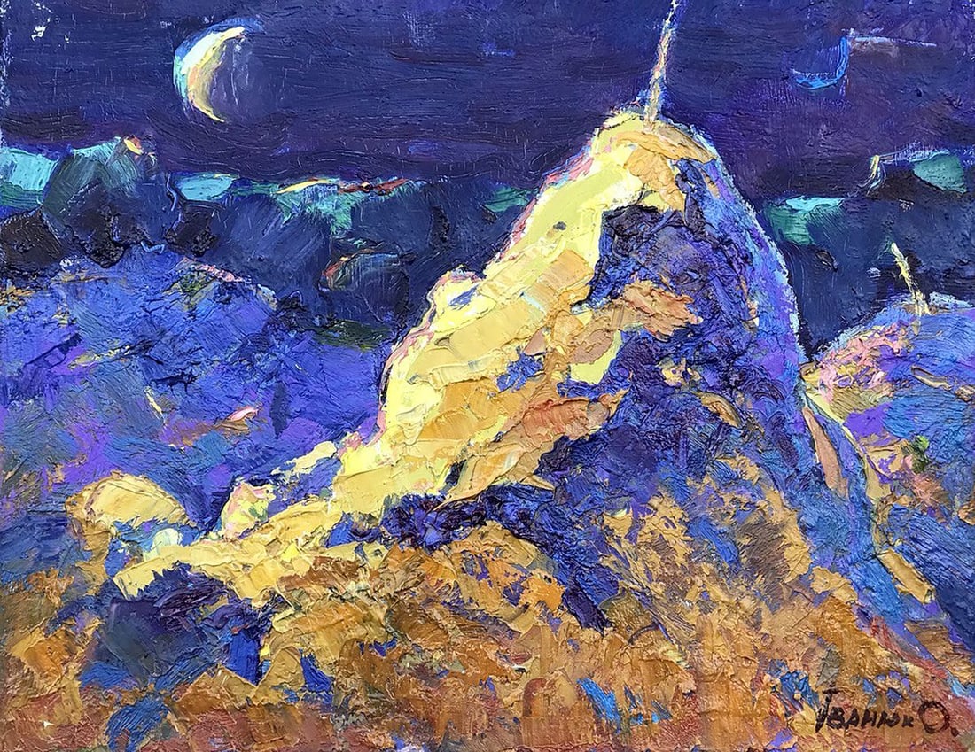 Oil painting Monthly Kalenyuk Alex: Title: Oil painting Monthly Kalenyuk Alex Description: No.Kalen 1091 "The Month" is a captivating oil painting that transports viewers to a serene and enchanting nocturnal landscape. The scene is set