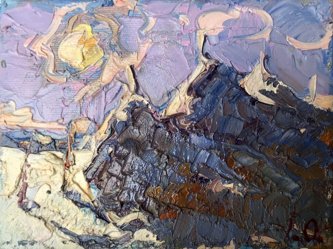 Oil painting Month night Kalenyuk Oksana: Title: Oil painting Month night Kalenyuk Oksana Description: No.AAA2685The oil painting portrays a surreal and enchanting scene of a month-long night. The canvas is dominated by the dark blue-black