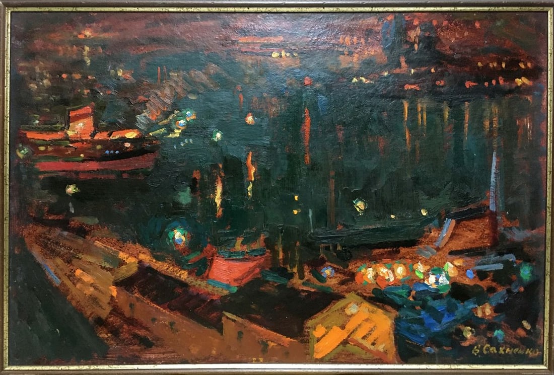 Oil painting Night port Sakhnenko Victor Ivanovich: Title: Oil painting Night port Sakhnenko Victor Ivanovich Description: No.Vern 444 *** ABOUT THIS PAINTING *** * TITLE: "Night port" * ARTISTS: Sakhnenko Victor Ivanovich * SIZE: 46x76 cm/'18.11x29.92