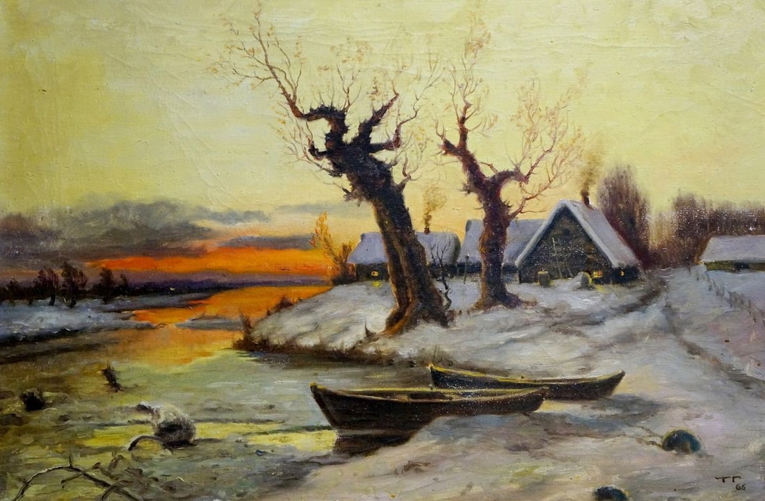 Oil painting Winter dawn: Title: Oil painting Winter dawn Description: No.Vern 665 *** ABOUT THIS PAINTING *** * TITLE: "Winter dawn" * ARTISTS: Unknown artist * SIZE: 46x66 cm/'18.11x25.98 inches' * MEDIUM: oil, canvas * H