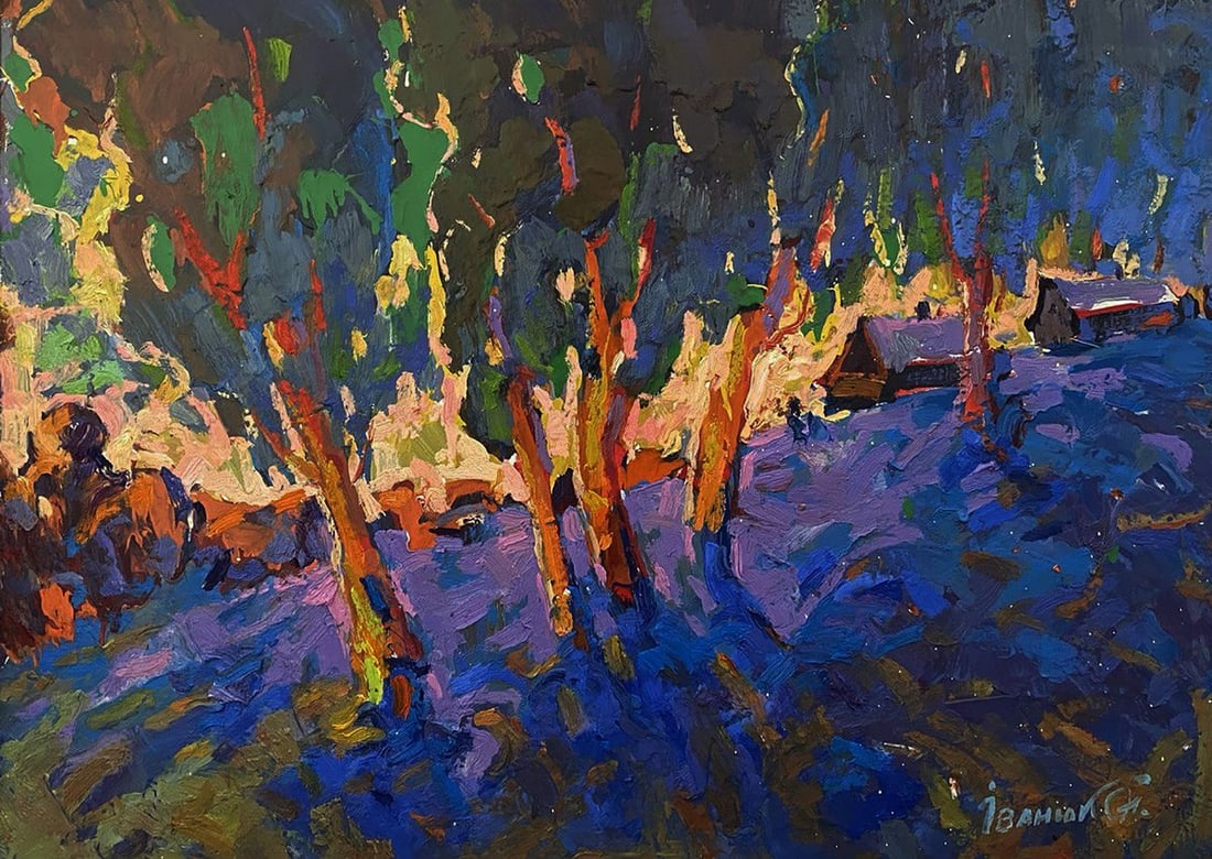 Oil painting Winter evening Oleksiy Ivanyuk: Title: Oil painting Winter evening Oleksiy Ivanyuk Description: No.Kalen 1628The oil painting on Canvas titled "Winter Evening" captures a moment suspended between light and shadow, warmth and chill,