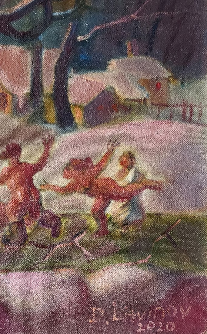 Oil painting Winter evening entertainment Daniil Litvinov - 2