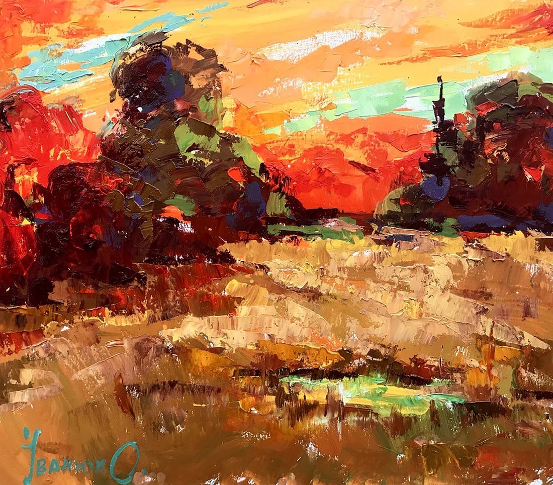 Oil painting Crimson sky Kalenyuk Alex: Title: Oil painting Crimson sky Kalenyuk Alex Description: No.Kalen 1111"Crimson Sky" is a mesmerizing oil painting that transports viewers to a picturesque landscape drenched in the warm glow of a