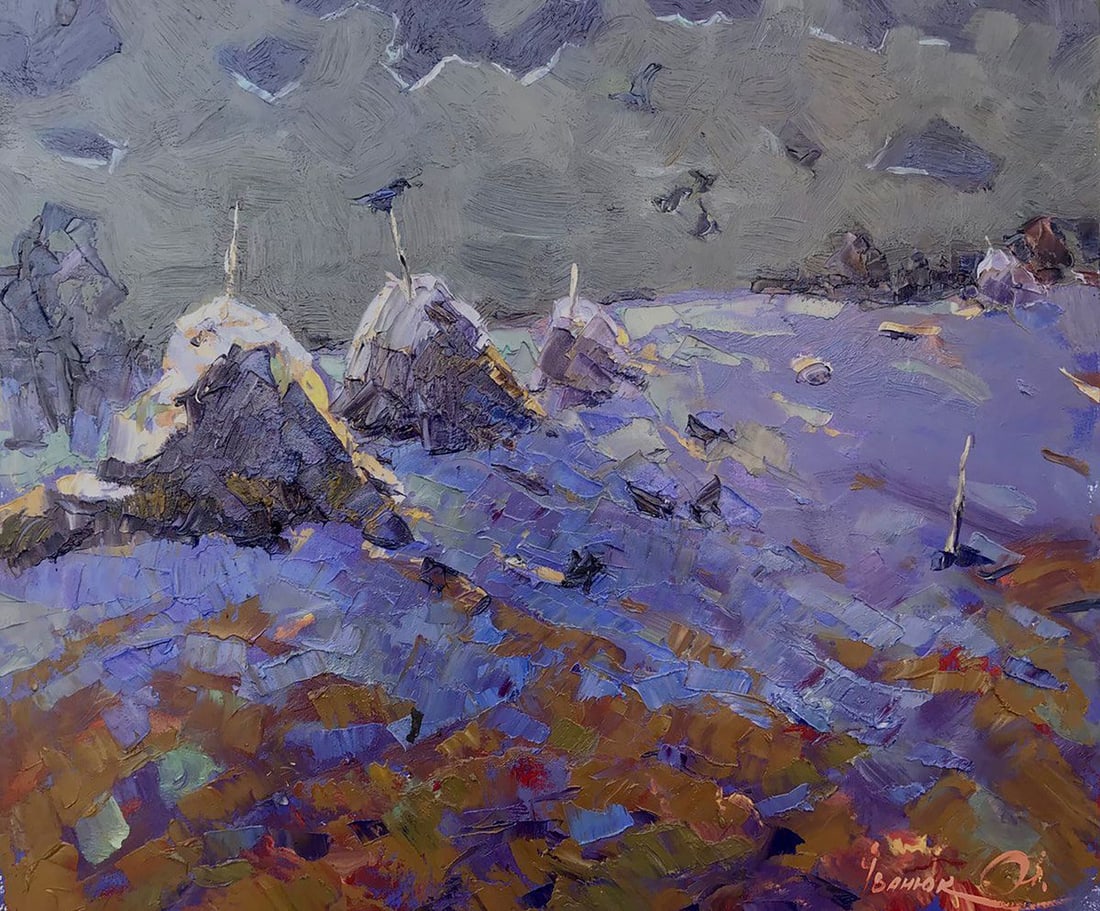 Oil painting Night silence Kalenyuk Alex: Title: Oil painting Night silence Kalenyuk Alex Description: No.Kalen 1147"Night Silence" is a mesmerizing oil painting that captures the serene beauty of a winter landscape. The canvas comes alive