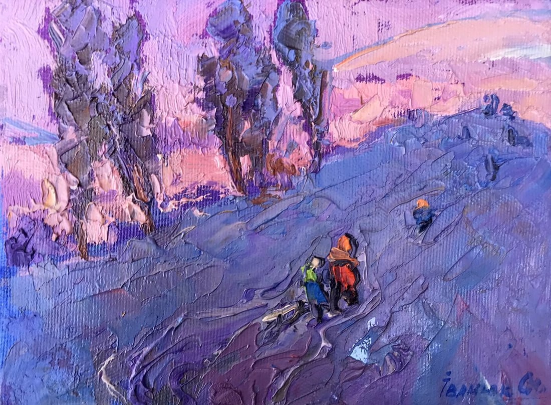 Oil painting Until late Kalenyuk Alex: Title: Oil painting Until late Kalenyuk Alex Description: No.AAA3080"Until Late Evening" is a captivating oil painting that transports viewers to the serene beauty of a winter landscape. This exquisit