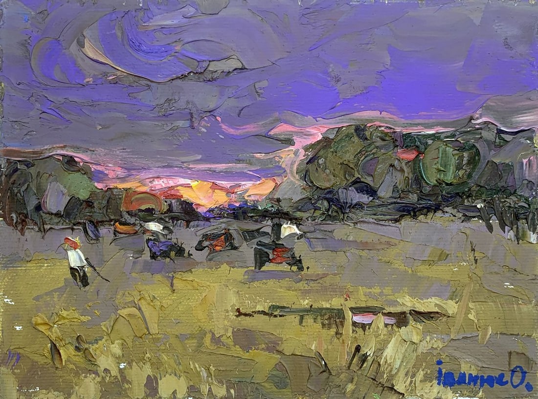 Oil painting Evening Kalenyuk Oksana: Title: Oil painting Evening Kalenyuk Oksana Description: No.AAA3107The oil painting titled "Evening" captures a serene and atmospheric twilight scene in a rural setting. It is rendered with a rich