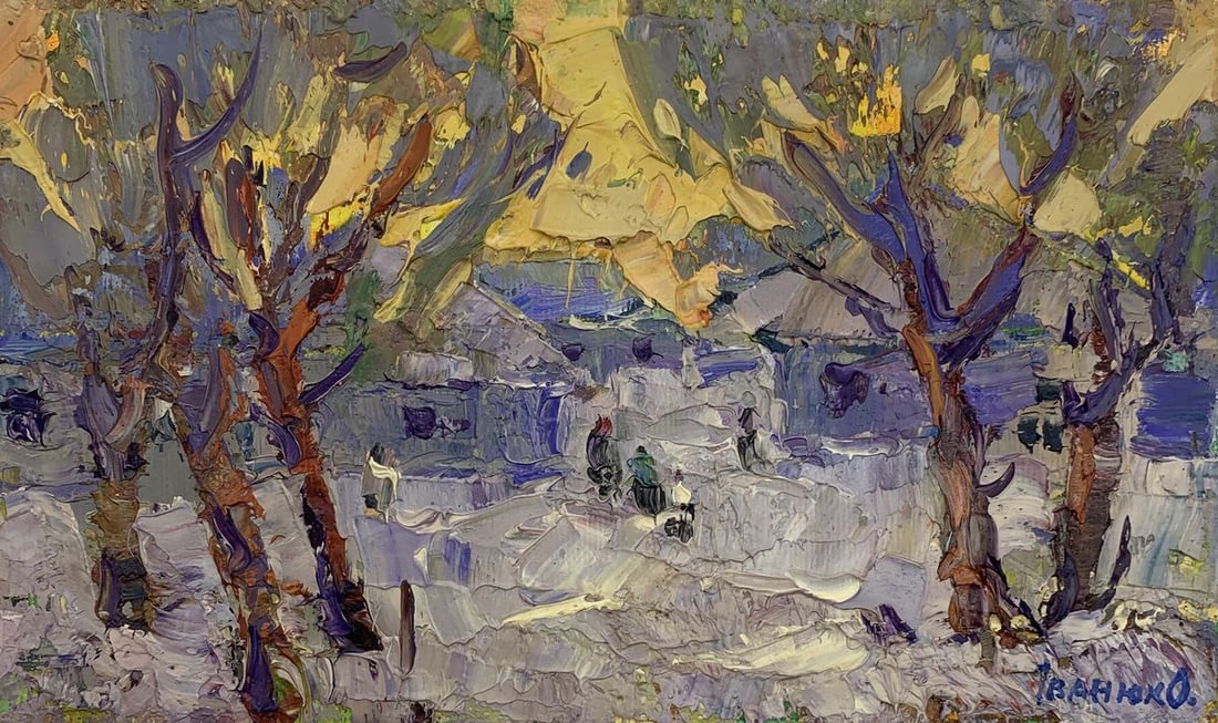 Oil painting Winter evening Kalenyuk Alex: Title: Oil painting Winter evening Kalenyuk Alex Description: No.AAA3122The oil painting "Winter Evening" is a textured impressionist piece that captures the essence of a cold, tranquil evening in a r