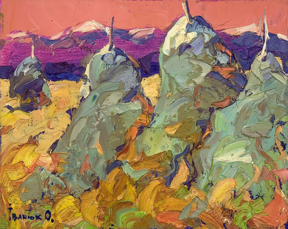 Oil painting Fresh hay Kalenyuk Alex: Title: Oil painting Fresh hay Kalenyuk Alex Description: No.AAA3147The oil painting "Fresh Hay" is a texturally rich and vivid portrayal of a rural scene, likely capturing the essence of a field after