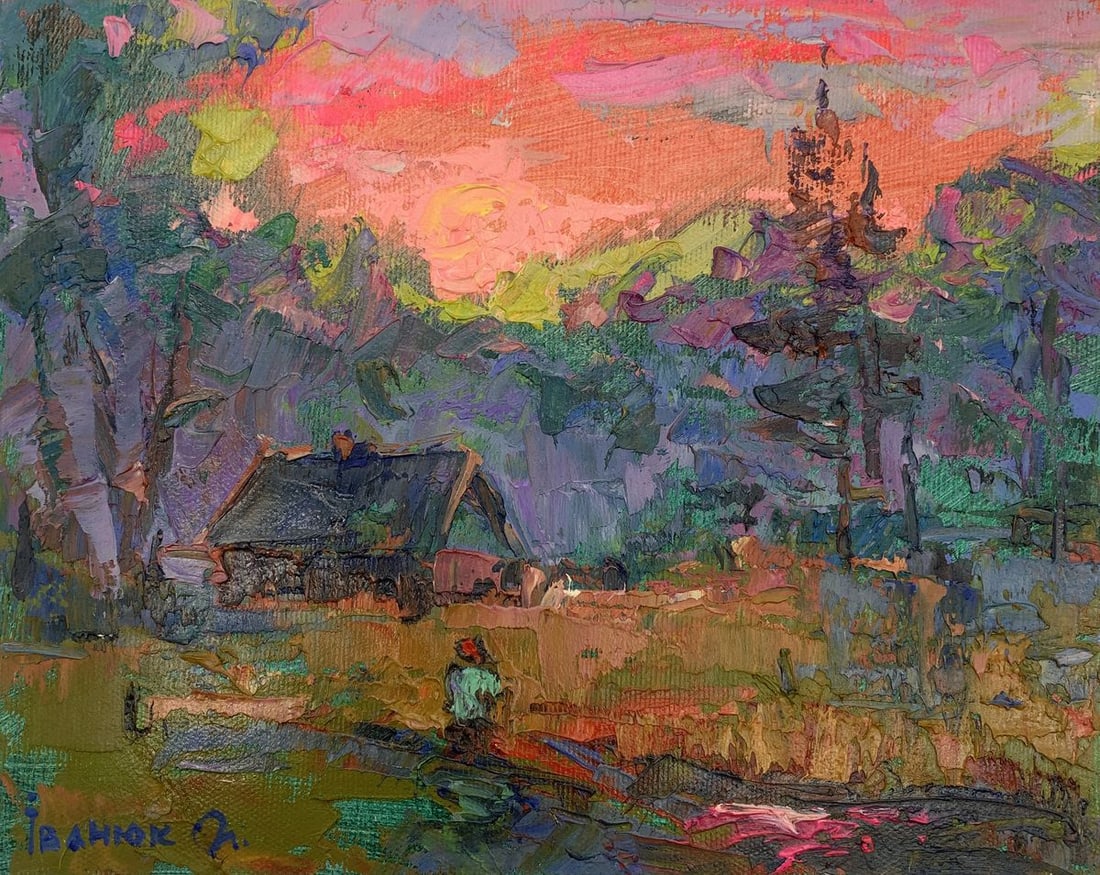 Oil painting Pink evening Kalenyuk Alex: Title: Oil painting Pink evening Kalenyuk Alex Description: No.AAA3148The oil painting "Pink Evening" is an evocative and textured landscape that vividly captures the tranquil atmosphere of dusk. The
