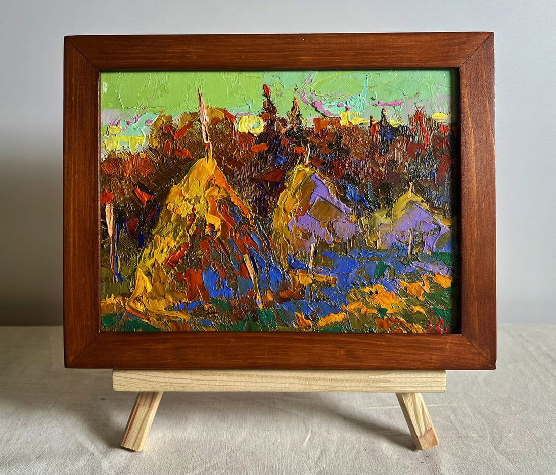 Oil painting The sun is setting Alex Kalenyuk: Title: Oil painting The sun is setting Alex Kalenyuk Description: No.AAA3844This oil painting cardboard, titled "The sun is setting", at the heart of the composition, three large haystacks stand