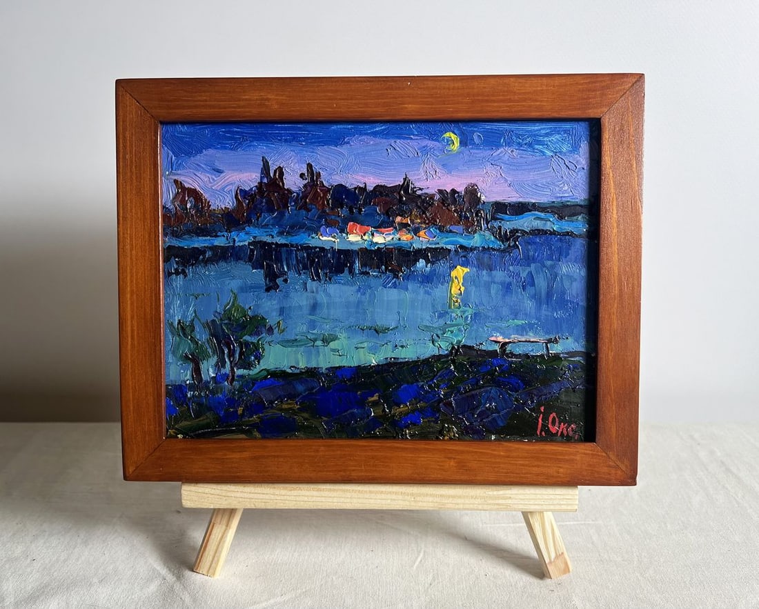 Oil painting Moon over the river Oksana Kalenyuk: Title: Oil painting Moon over the river Oksana Kalenyuk Description: No.AAA3845This oil painting cardboard, titled "Moon over the river", the composition is divided into three key sections. The