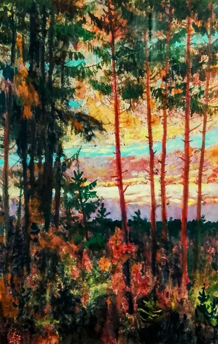 Oil painting Red clouds over the forest Vitaly Duhnevich: Title: Oil painting Red clouds over the forest Vitaly Duhnevich Description: No.Duhn 47"Red Clouds Over the Forest" by Vitaly Duhnevich is a vivid and emotionally charged landscape that captures the p