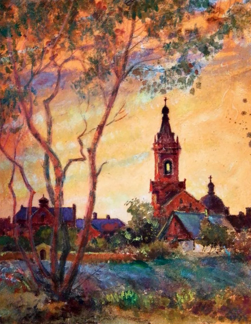 Oil painting Old church in the village Vitaly Duhnevich: Title: Oil painting Old church in the village Vitaly Duhnevich Description: No.Duhn 53"Old Church in the Village" by Vitaly Duhnevich is a nostalgic tribute to the quiet soul of rural life. Set