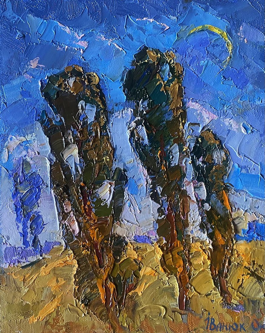Oil painting On the road Oksana Kalenyuk: Title: Oil painting On the road Oksana Kalenyuk Description: No.Kalen 1433The painting "On the Road" portrays a scenic path lined with tall, textured trees, standing against a deep blue sky with a