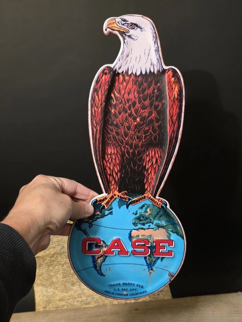 16" Vintage Style Case IH Old Abe Metal Sign Die Cut Eagle on Globe: Title:16" Vintage Style Case IH Old Abe Metal Sign Die Cut Eagle on GlobeDescription:16" This is a vibrant die-cut metal reproduction sign featuring "Old Abe," the iconic bald eagle mascot for Case